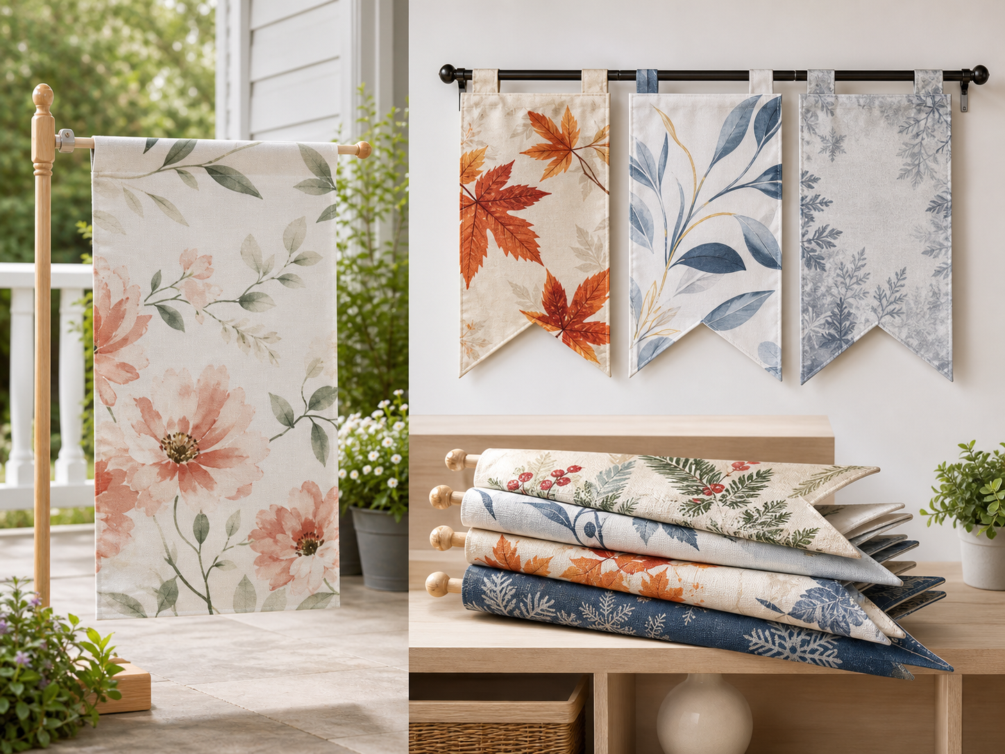 Decorative fabric banners displayed indoors and outdoors
